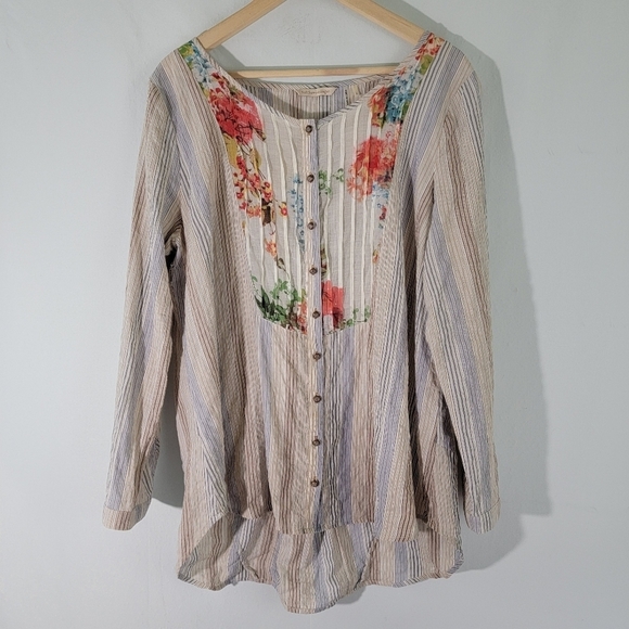 Soft Surroundings Women Tunic Top Sz L Tan Striped Floral Long Sleeve Boho - Picture 2 of 12